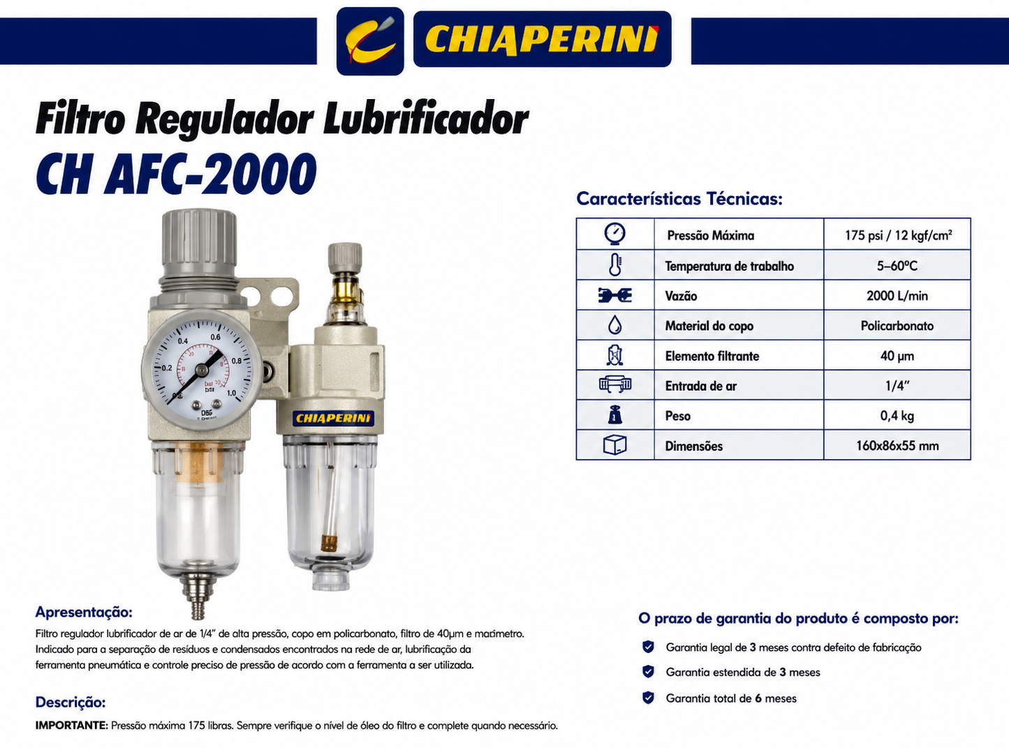 Filtro Regulador Lubrificador 1/4" Ch Afc-2000 Chiaperini (1021)