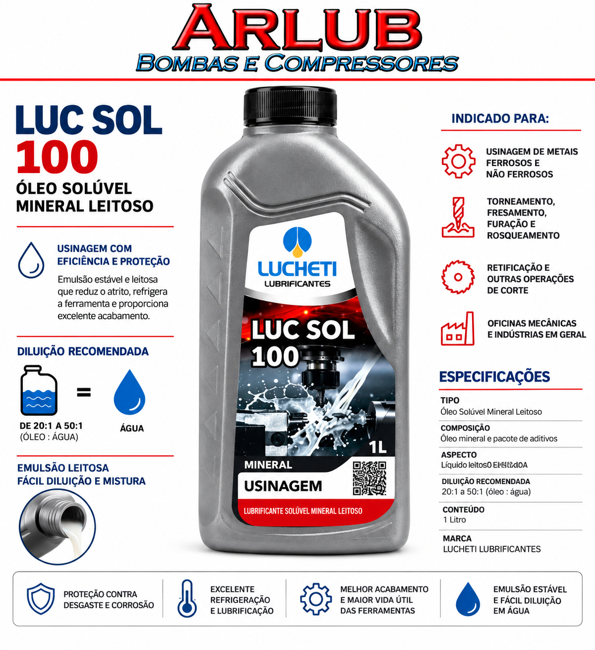 Óleo solúvel Luc Sol 100 1 litro leitoso para usinagem (P009)