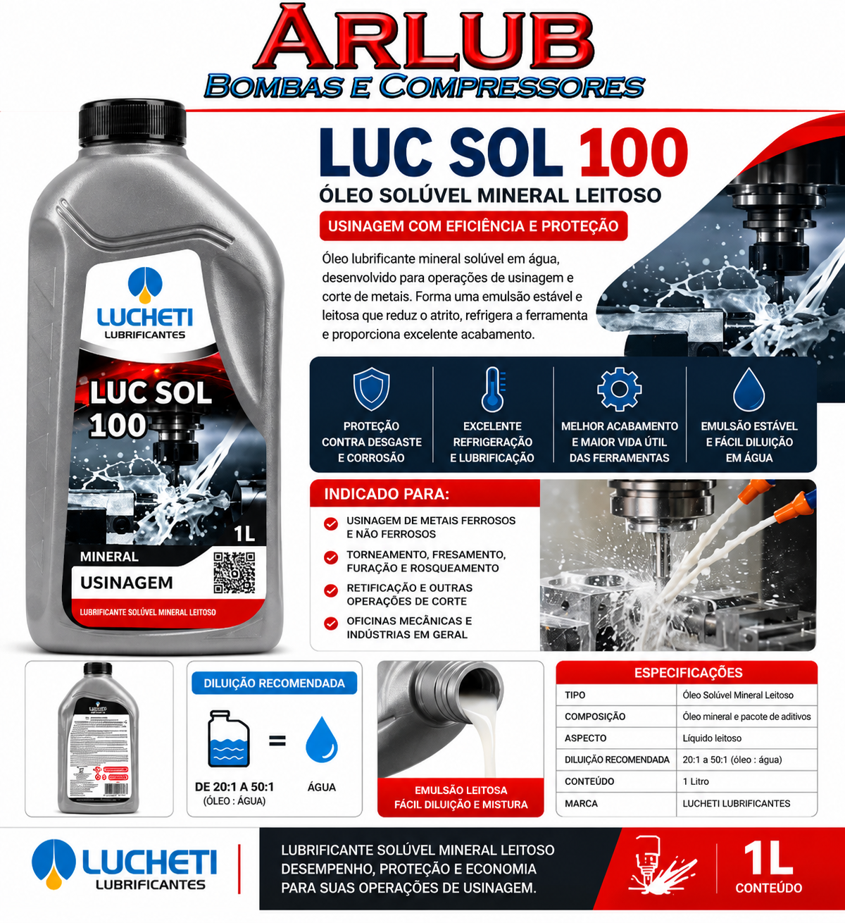 Óleo solúvel Luc Sol 100 1 litro leitoso para usinagem (P009)